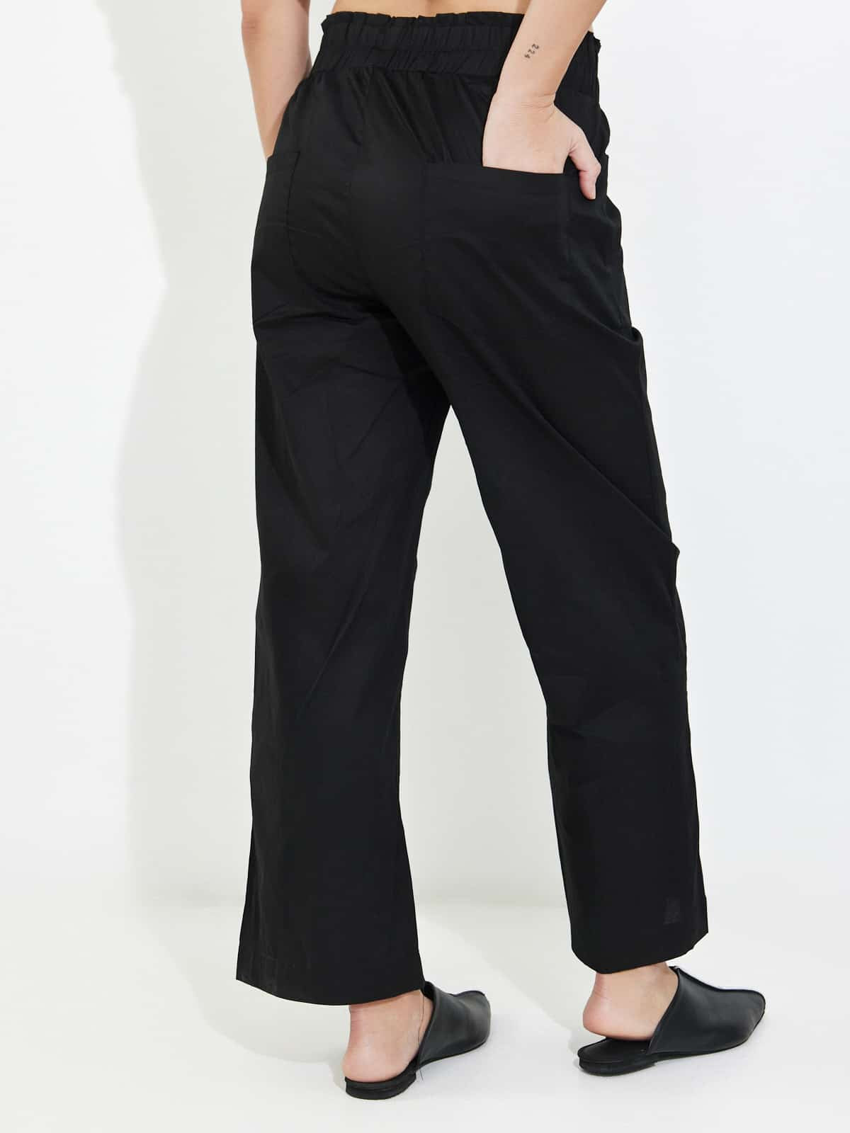 מכנסי כותנה שחור-wide leg image 3