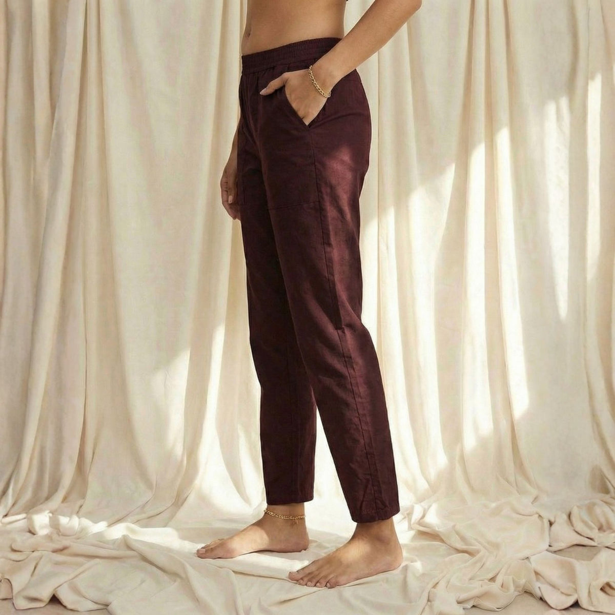 מכנסי כותנה גזרה ישרה-בורדו יין