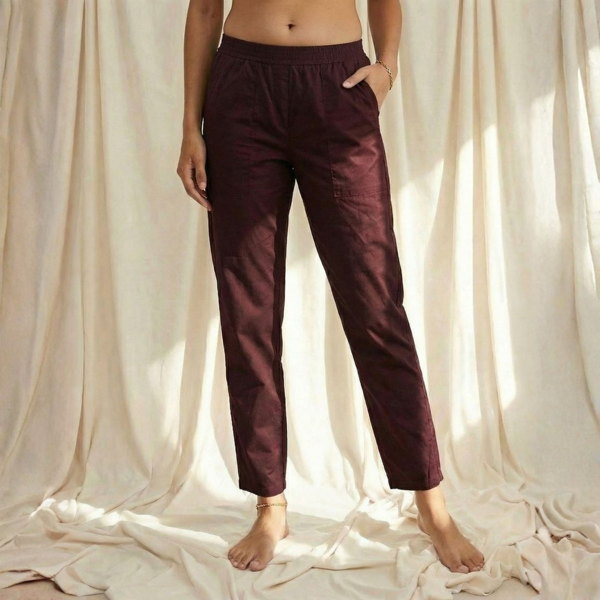 מכנסי כותנה גזרה ישרה-בורדו יין