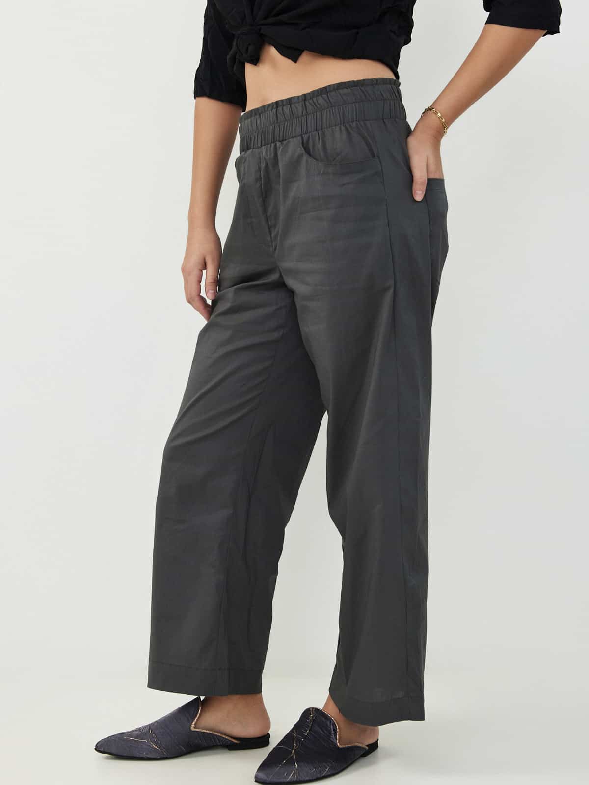 מכנסי כותנה אפור בטון-wide leg image 1