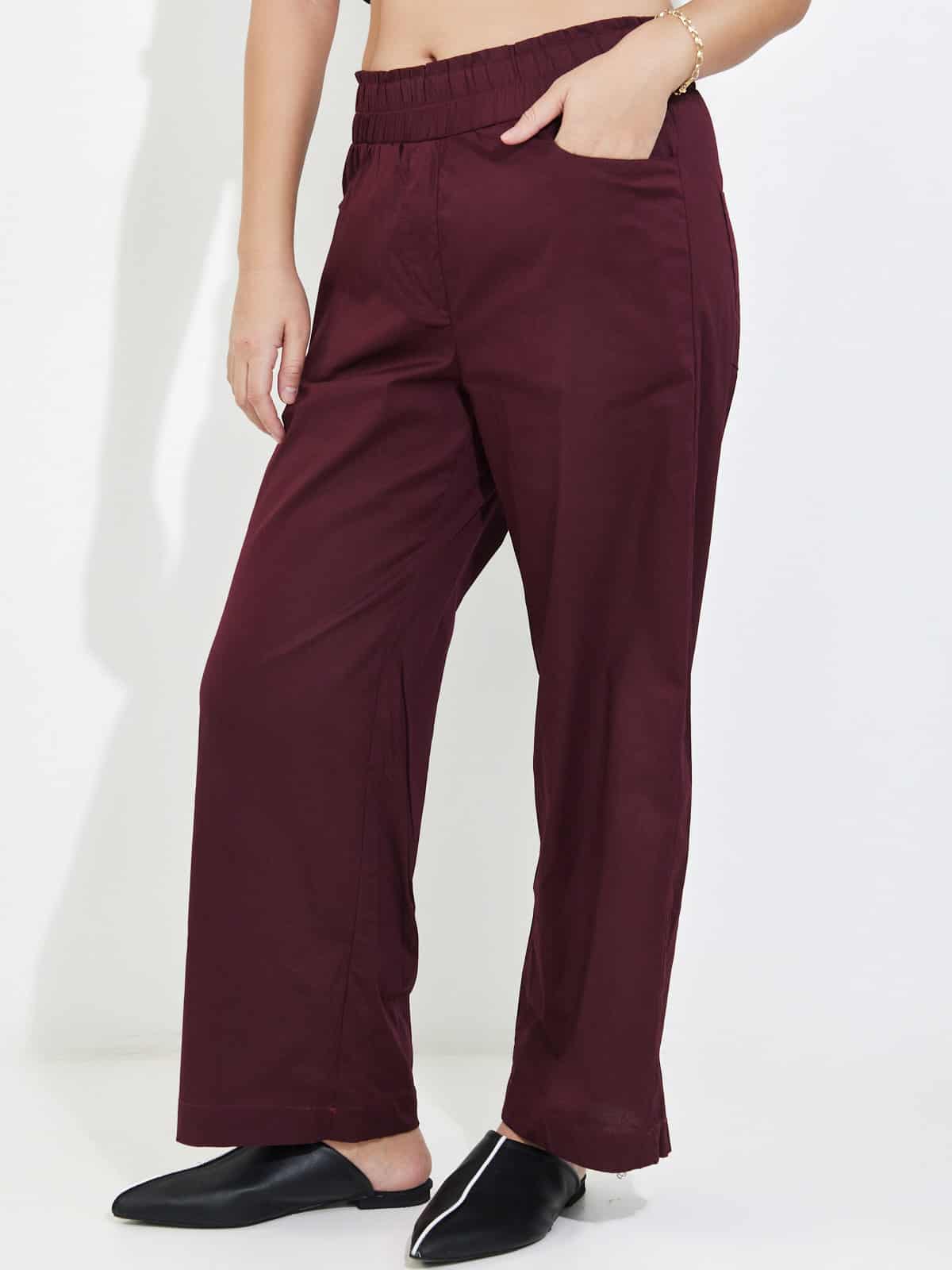 מכנסי כותנה בורדו- wide leg image 3