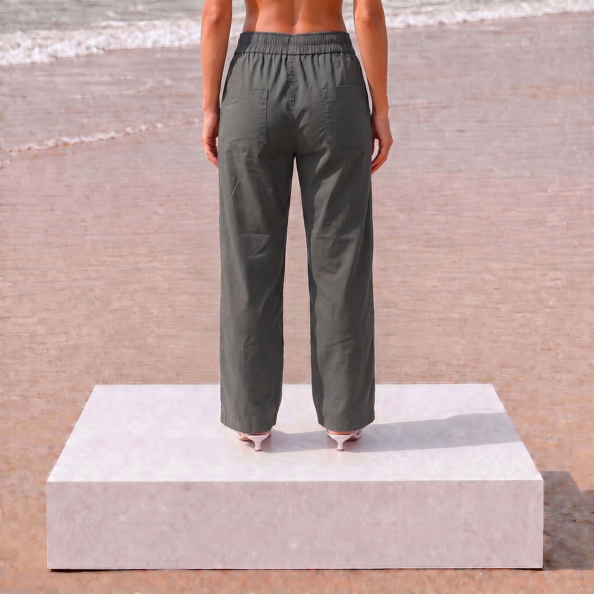 מכנסי כותנה אפור בטון-wide leg